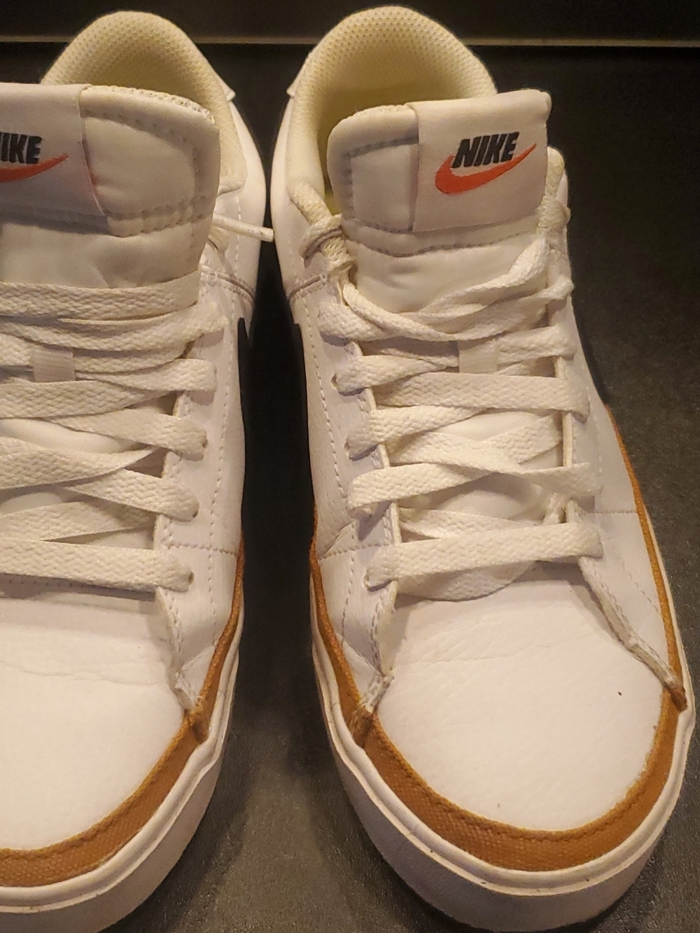 NIKE Court Legacy Men's Fashion Sneakers. White/Desert Ochre/Black colorway